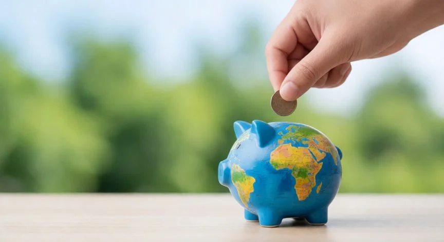 mejor forma de invertir 2026, Mano guardando una moneda en un hucha globo simbolizando ahorro e inversión global