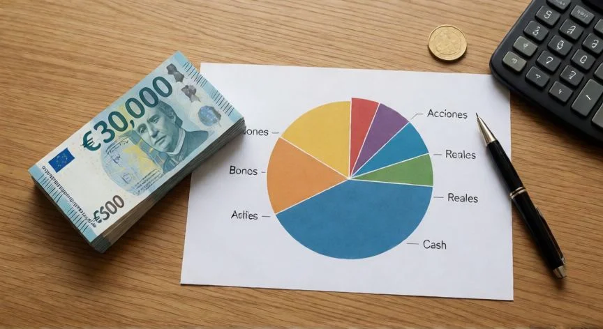 mejor forma de invertir 30000 euros, Vista cenital de billetes de euros, gráfico de asignación de activos y calculadora sobre mesa de madera