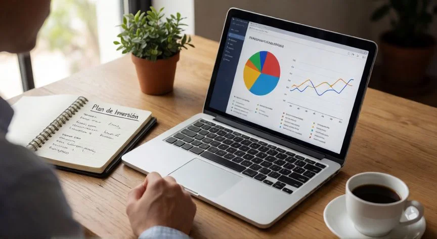 mejor forma de invertir 50000 euros, Persona revisando un plan de inversión con gráficos de asignación de activos en su portapapeles