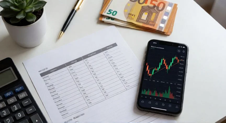 mejor forma de invertir 50000 euros, Escritorio con herramientas de gestión financiera personal, billetes de 50 euros y gráficos bursátiles