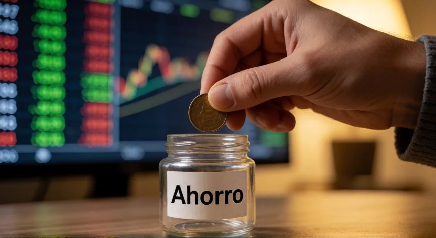 mejor forma de invertir dinero, Mano guardando moneda en frasco de ahorro con fondo de bolsa de valores