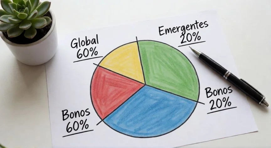 mejor forma de invertir en fondos indexados, Diagrama de repartición de cartera en fondos indexados con acciones globales, emergentes y bonos