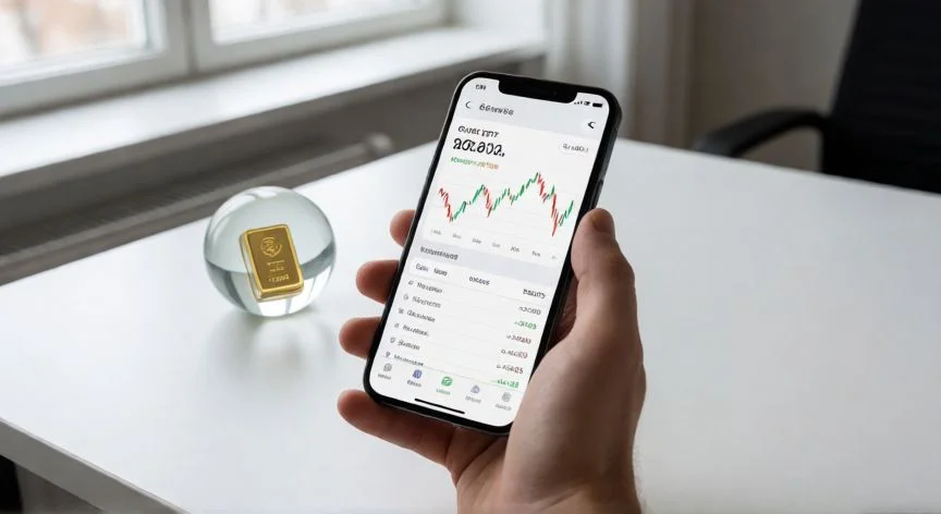 mejor forma de invertir en oro, Manos revisando un ETF de oro en el móvil sobre un escritorio con pequeño lingote