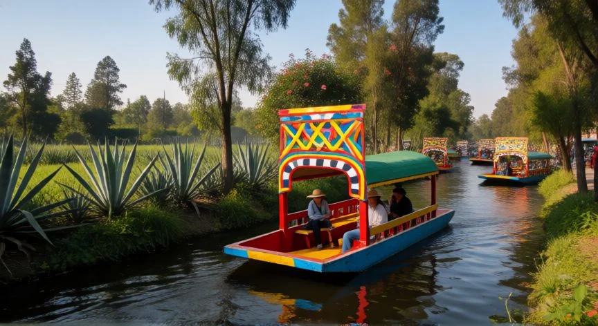 mejor forma de ir a xochimilco, Trabajinera colorida navegando por los canales de chinampas en Xochimilco, CDMX