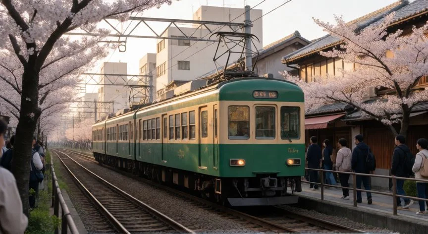 mejor forma de ir de kioto a osaka, Tren Keihan pasando por Kioto con arces de flor en el fondo