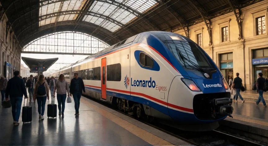 mejor forma de ir del aeropuerto de roma al centro, Tren Leonardo Express llegando a la estación Roma Termini con viajeros con equipaje