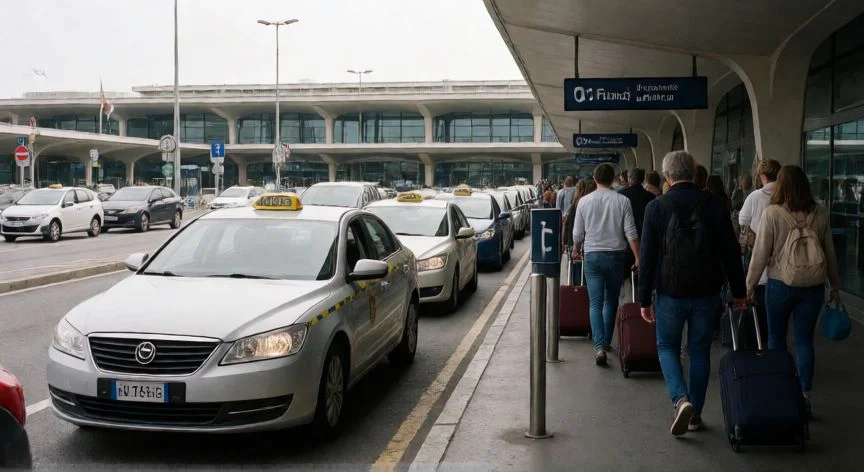 mejor forma de ir del aeropuerto de roma al centro, Taxi oficial en la cola de recogida del aeropuerto Fiumicino con turistas y maletas