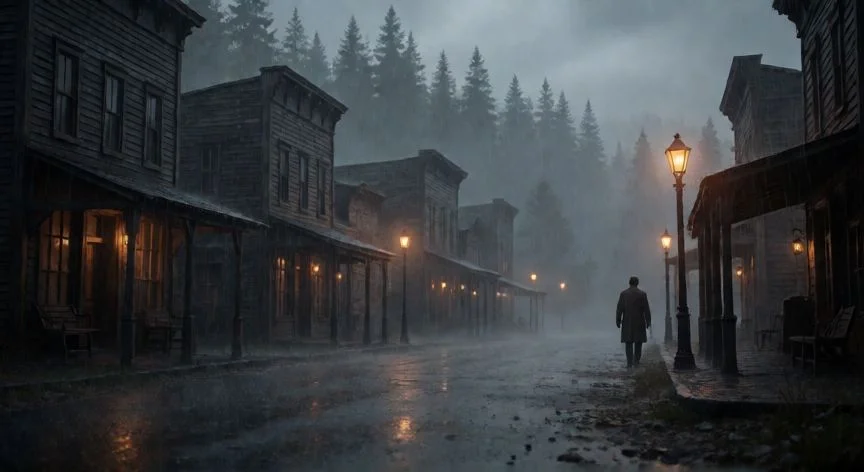 mejor forma de jugar alan wake 2, Pueblo de Bright Falls bajo la lluvia al atardecer en Alan Wake 2