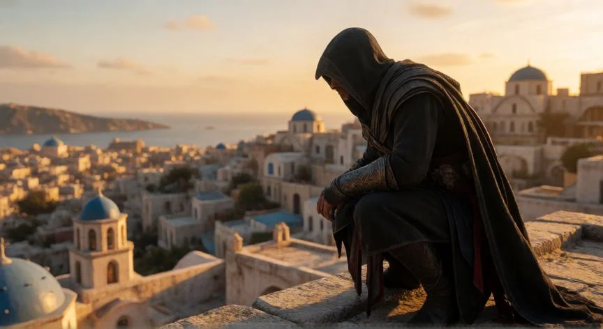 mejor forma de jugar assassin's creed, Assassin encapuchado sobre una azotea contemplando una ciudad mediterránea al atardecer