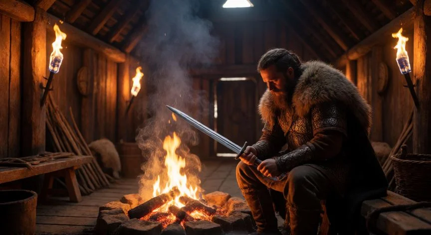 mejor forma de jugar assassin's creed, Guerrero vikingo afilando su espada junto a una fogata en una longhouse