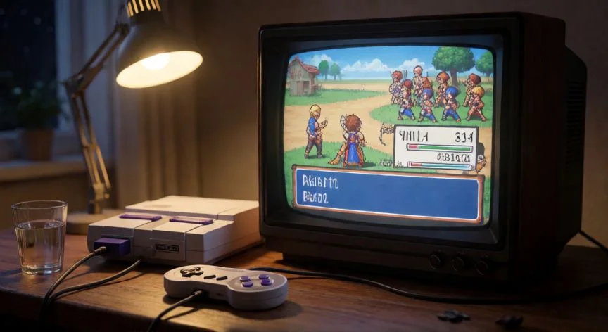 mejor forma de jugar chrono trigger, Consola SNES con pantalla CRT mostrando una batalla de Chrono Trigger en un escritorio retro