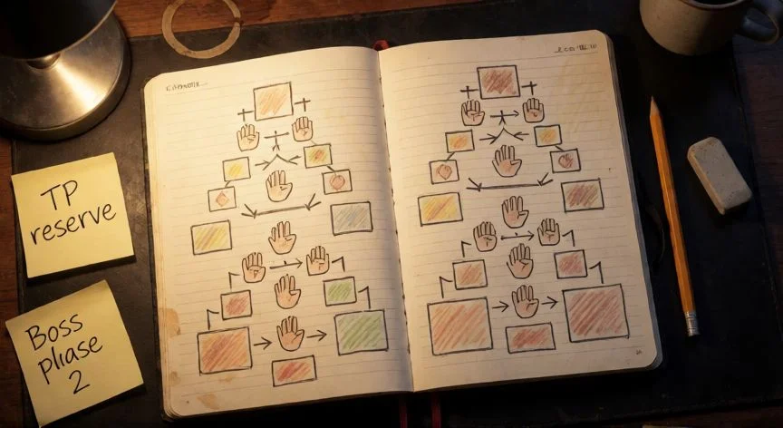mejor forma de jugar chrono trigger, Cuaderno de estrategia con diagramas de formación de party para Chrono Trigger sobre escritorio nocturno