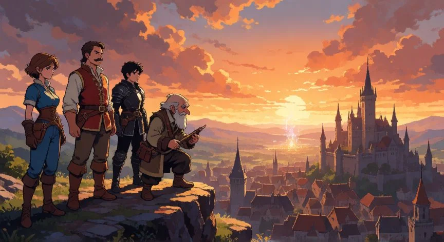 mejor forma de jugar final fantasy 6, Personajes de Final Fantasy 6 contemplando una ciudad medieval al atardecer