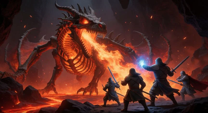 mejor forma de jugar final fantasy 6, Batalla épica contra un dragón de fuego en una cueva volcánica estilo Final Fantasy