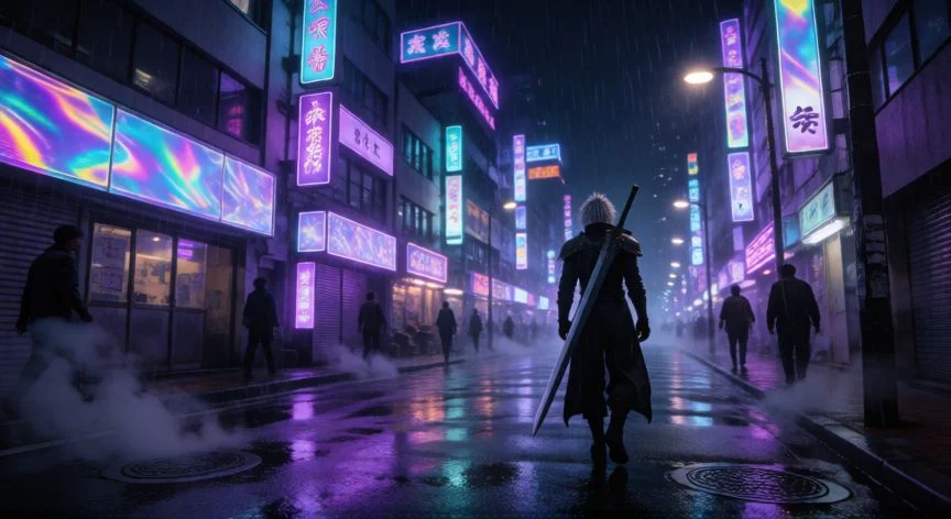 mejor forma de jugar final fantasy 7, Calle urbana nocturna con luces neón y un guerrero de cabello plateado caminando bajo la lluvia