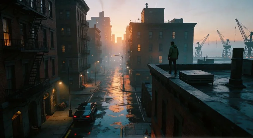 mejor forma de jugar gta 4, Vista panorámica de Liberty City al atardecer desde una azota en GTA 4