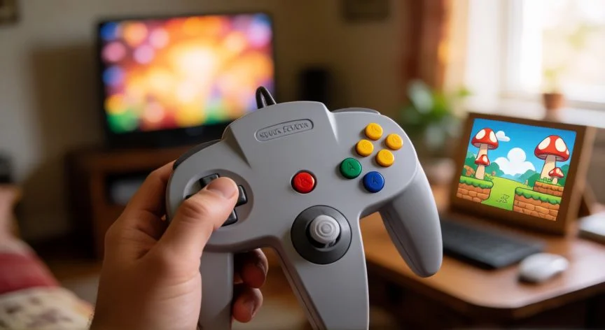 mejor forma de jugar mario 64, Mano sosteniendo un mandal N64 con el stick analógico visible, ambiente retro hogareño