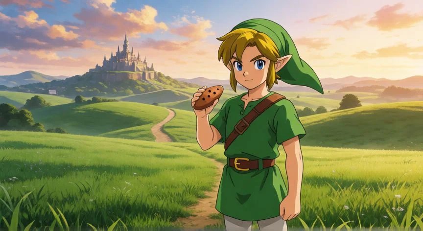 mejor forma de jugar ocarina of time, Link niño en Hyrule Field sosteniendo la Ocarina con el castillo de Hyrule al fondo