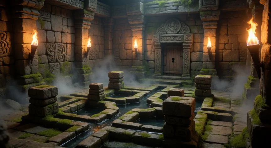mejor forma de jugar ocarina of time, Interior de un templo de Ocarina of Time con rompecabezas de agua y antorchas