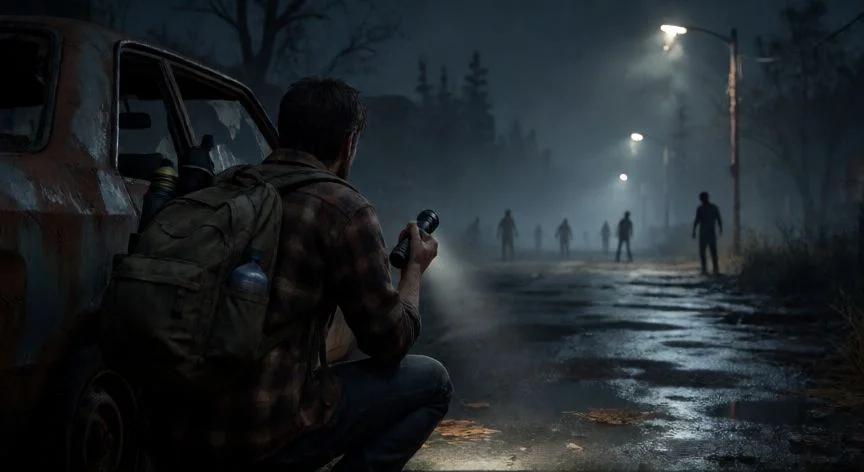 mejor forma de jugar project zomboid, Superviviente agachado detrás de un coche en la noche explorando con linterna en Project Zomboid