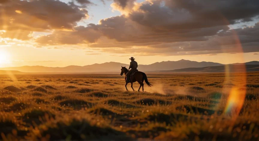 mejor forma de jugar rdr2, Cowboy a caballo cruzando la pradera al atardecer en estilo cinematográfico