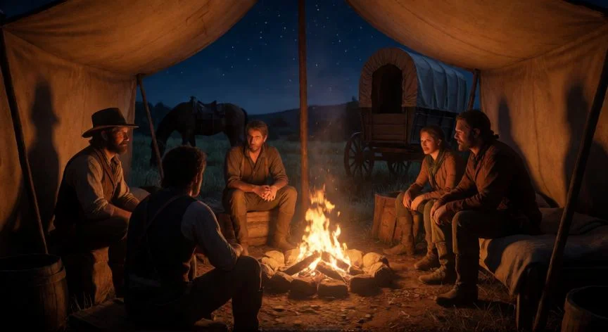 mejor forma de jugar rdr2, Campamento de viajeros de noche junto al fuego bajo un cielo estrellado
