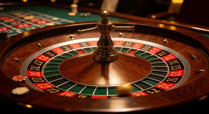 mejor forma de jugar ruleta, Rueda de ruleta europea en funcionamiento con bolas y fichas en mesa de casino