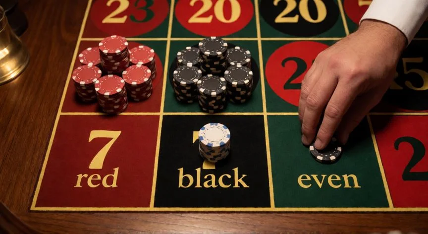 mejor forma de jugar ruleta, Mano del jugador colocando fichas en el tablero de apuestas de la ruleta