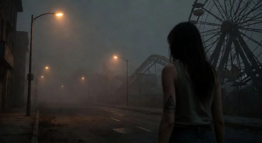 mejor forma de jugar silent hill 3, Heather Mason caminando por calles nieblosas de Silent Hill con el parque de atracciones al fondo