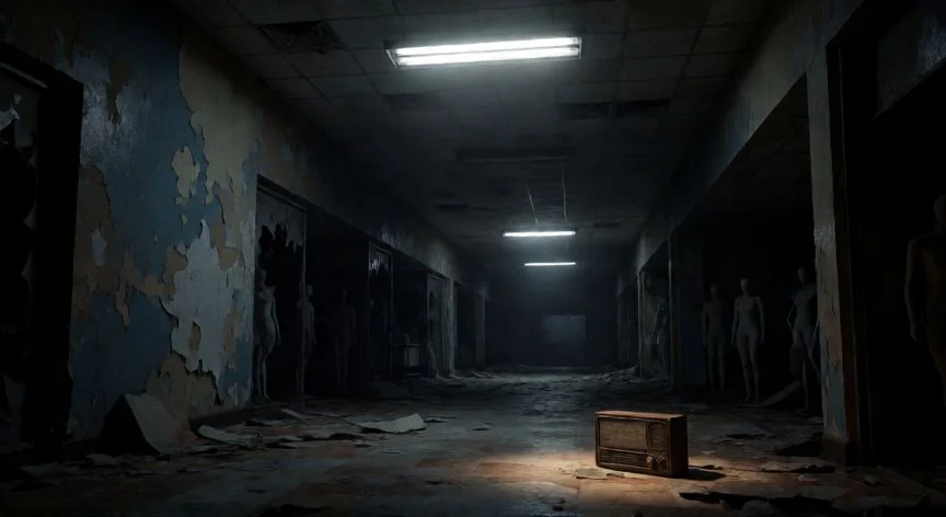 mejor forma de jugar silent hill 3, Pasillo oscuro del centro comercial en Silent Hill 3 con luz parpadeante y maniquíes rotos