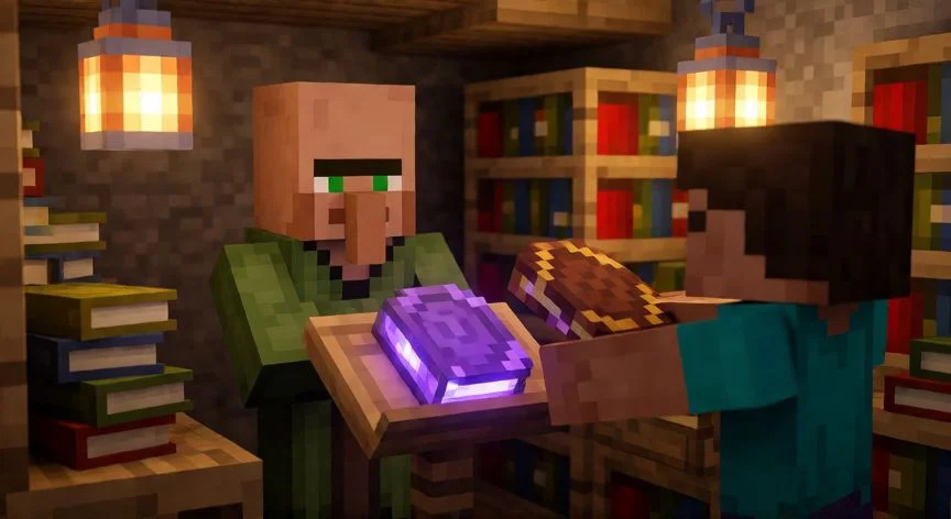 mejor forma de juntar encantamientos minecraft, Aldeano bibliotecario de Minecraft intercambiando un libro encantado con un jugador