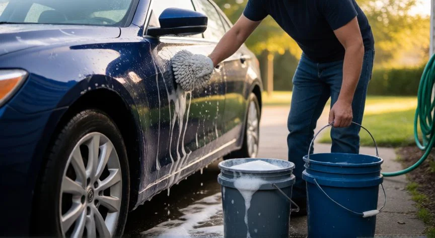 mejor forma de lavar el coche, Persona lavando un coche azul con el método de dos cubos y guante de microfibra