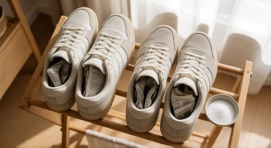 mejor forma de lavar zapatillas, Zapatillas secando al aire con papel dentro para mantener la forma