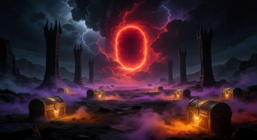 mejor forma de levear diablo 4, Escenario de Helltide en Diablo 4 con cofres dispersos y portal infernal
