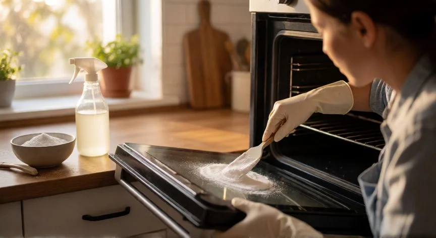 mejor forma de limpiar el horno, Mujer aplicando pasta de bicarbonato en el interior de un horno con guantes de goma