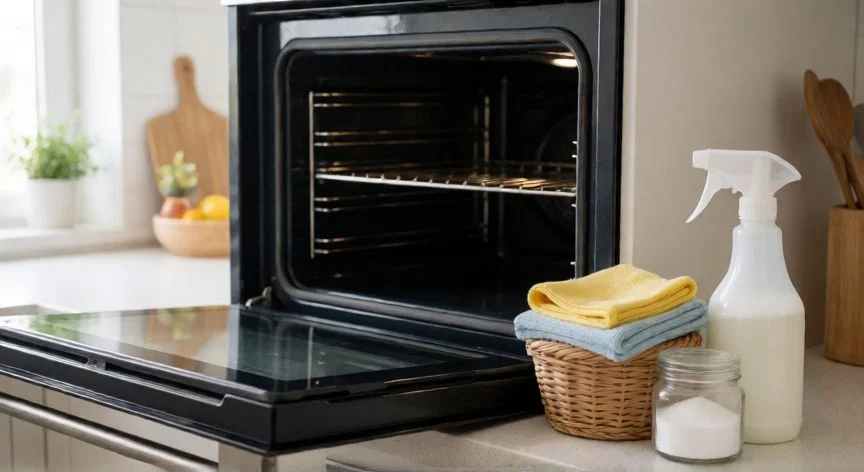 mejor forma de limpiar el horno, Horno limpio y brillante con productos de limpieza naturales junto al fregadero