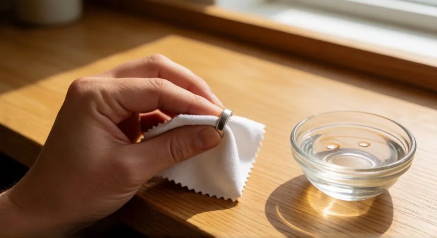 mejor forma de limpiar la plata, Manos puliendo un anillo de plata con paño de microfibra sobre mesa de madera