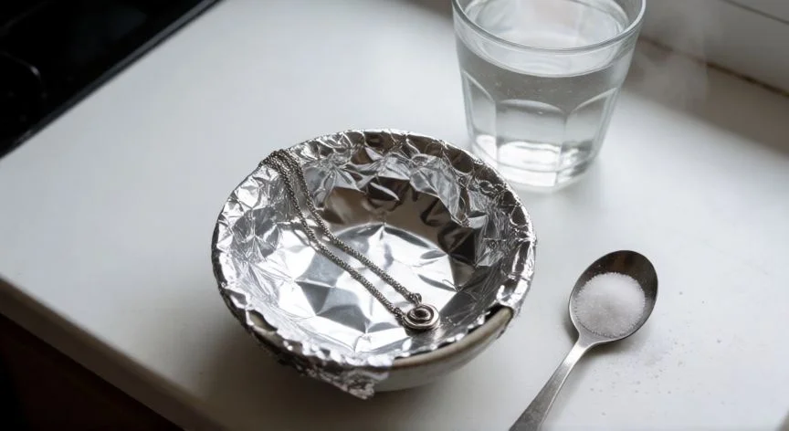 mejor forma de limpiar la plata, Báño de aluminio y sal para limpiar una cadena de plata sobre encimera blanca