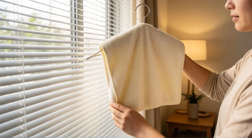 mejor forma de limpiar persianas, Persona limpiando persianas horizontales de aluminio con paño de microfibra