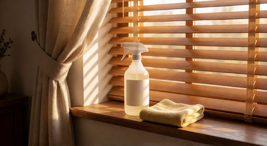 mejor forma de limpiar persianas, Persianas de madera con productos de limpieza sobre el alféizar de la ventana