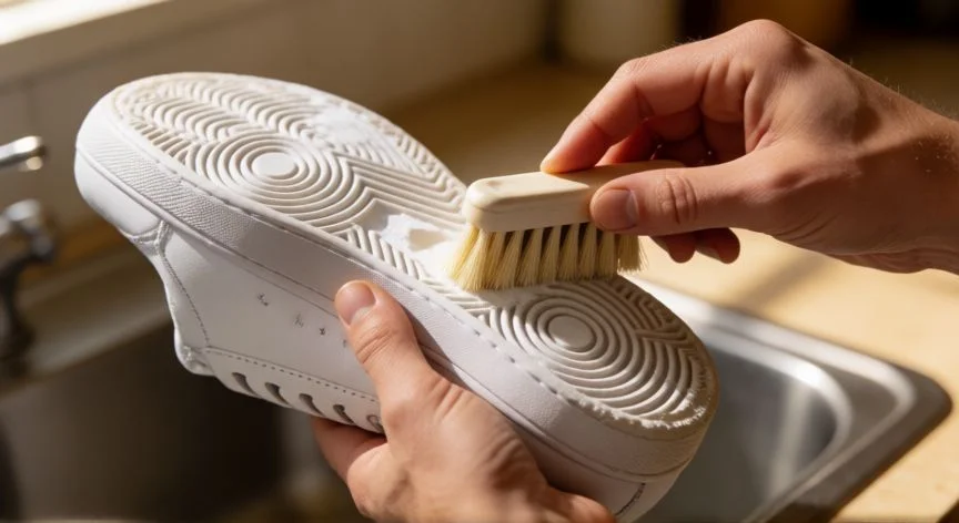 mejor forma de limpiar zapatillas blancas, Frotando la suela de una zapatilla blanca con cepillo y pasta limpiadora