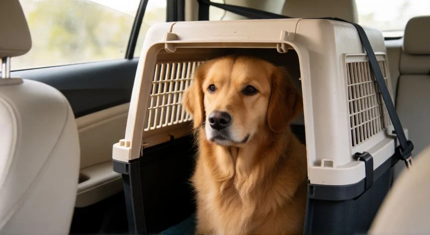 mejor forma de llevar al perro en el coche, Perro en transportín sujeto con cinturón en el asiento trasero del coche