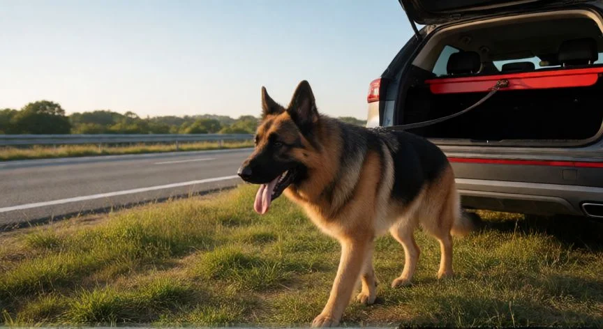 mejor forma de llevar al perro en el coche, Perro grande en una parada de ruta con barrera divisoria en el maletero