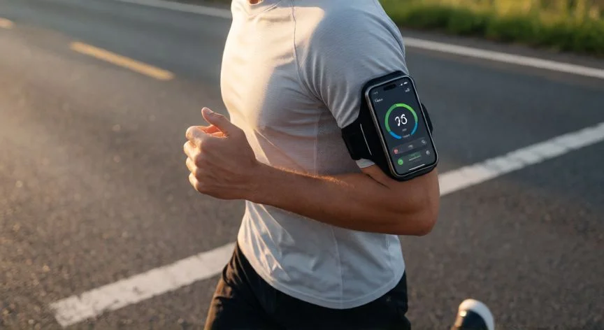 mejor forma de llevar el movil para correr, Corredor con banderilla de brazo llevando el móvil mientras trotas por la ciudad