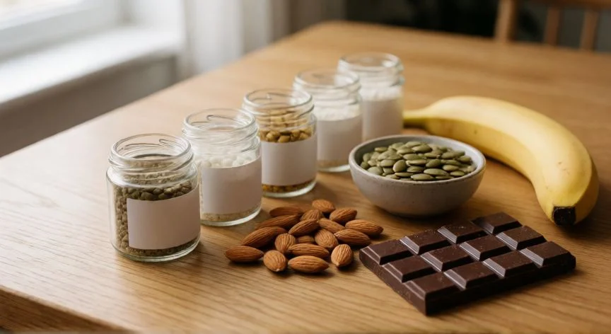 mejor forma de magnesio, Varios suplementos de magnesio en frascos junto a alimentos ricos en magnesio como semillas y cacao