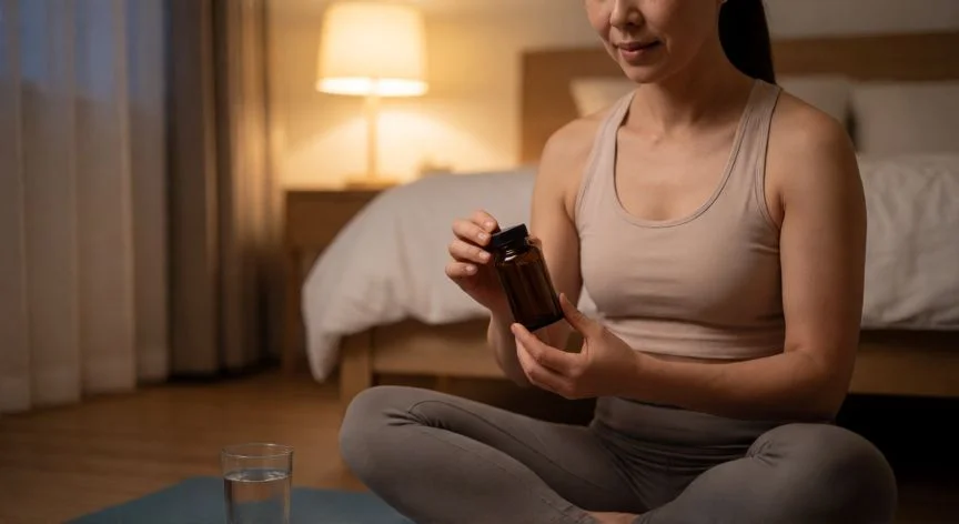 mejor forma de magnesio, Mujer tomando magnesio por la noche para mejorar el descanso y reducir la ansiedad