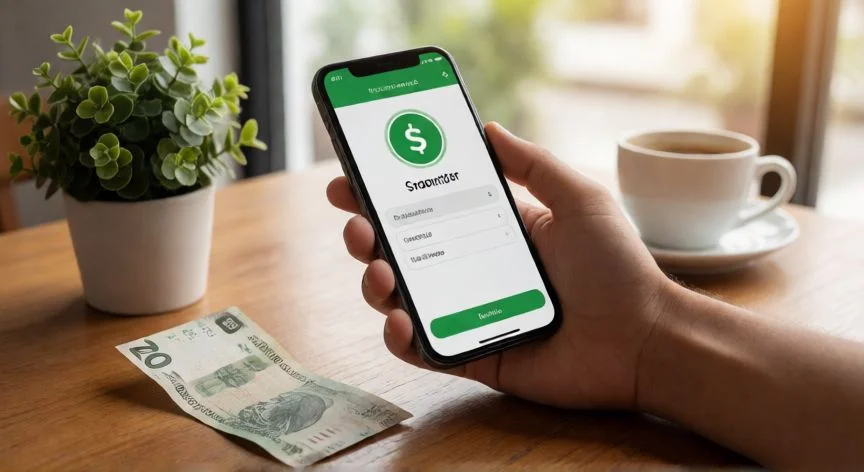 mejor forma de mandar dinero a mexico, Persona enviando dinero a México desde su móvil con billete de pesos mexicanos al lado