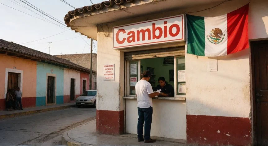 mejor forma de mandar dinero a mexico, Oficina de cambio de dinero en un pueblo de México con bandera mexicana
