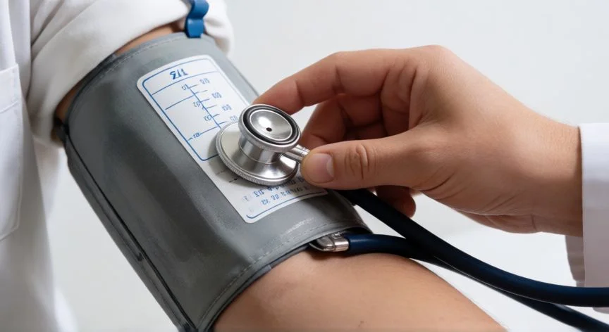 mejor forma de medir la presion arterial, Manos de un médico colocando el manguito y el estetoscopio para medir la tensión