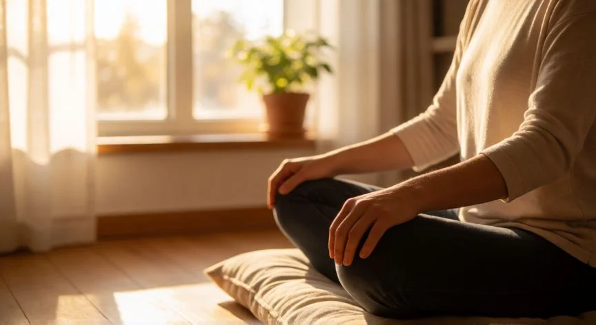 mejor forma de meditar, Persona meditando en postura cómoda con luz de mañana entrando por la ventana